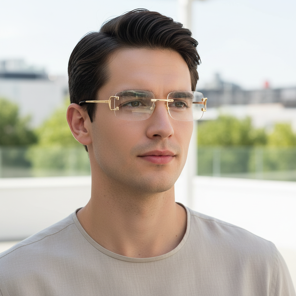 C09CA transparent rectangular UV400 sunglasses worn by a male model