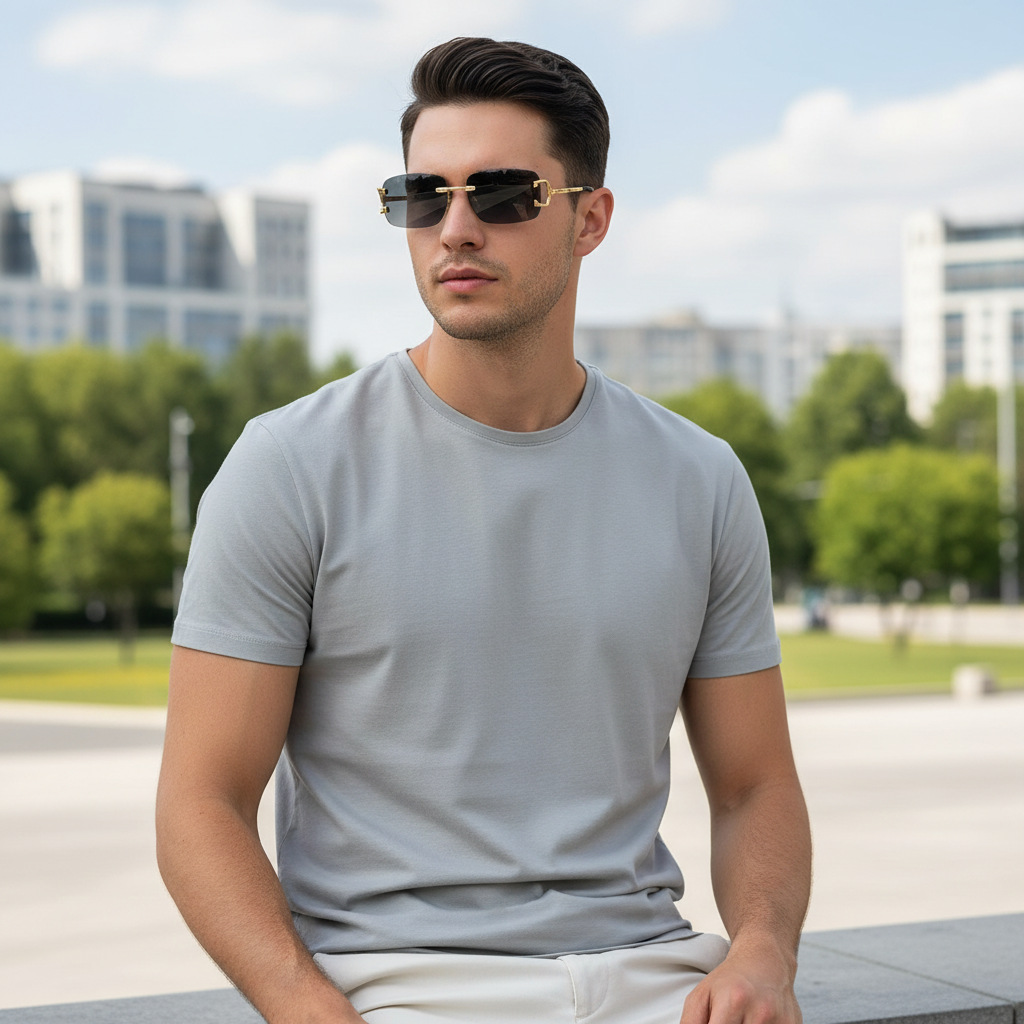 C10CA black rectangular UV400 sunglasses worn by a male model