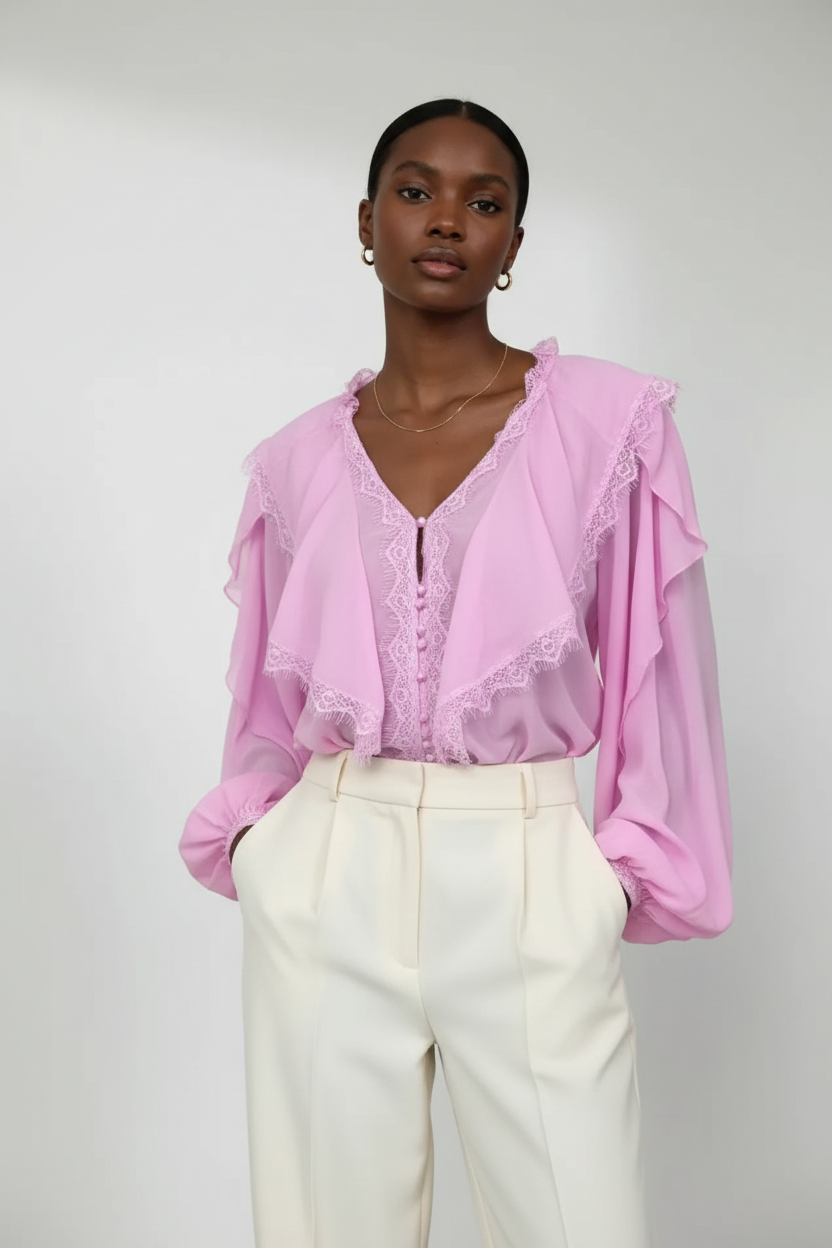 Pink V-neck ruffled lace-trim blouse worn by a model