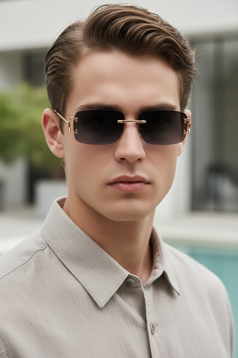 Rimless rectangular UV400 sunglasses with black gradient lenses and copper frame worn by a model
