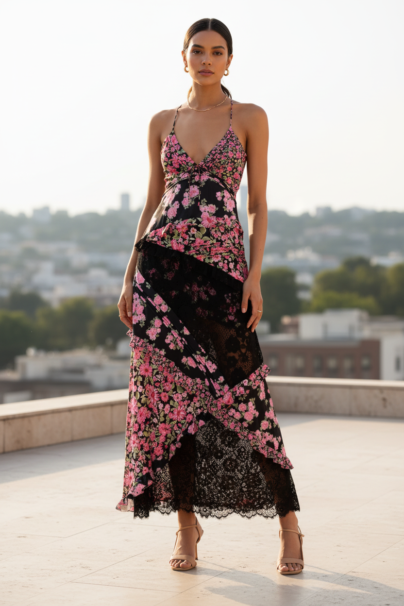 Black floral lace-detail V-neck maxi dress worn by a model