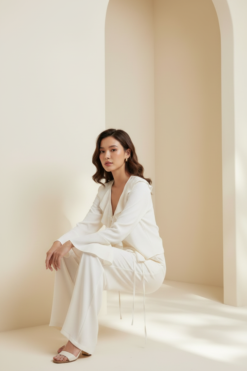 Model wearing a white ruffle-trim two-piece top and pants set in a seated pose