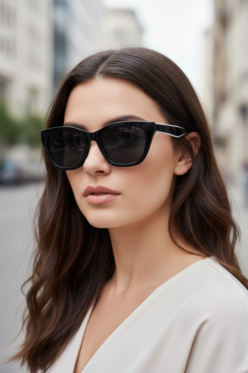 Cat-eye polarized sunglasses with 001 grey lenses worn by a white model