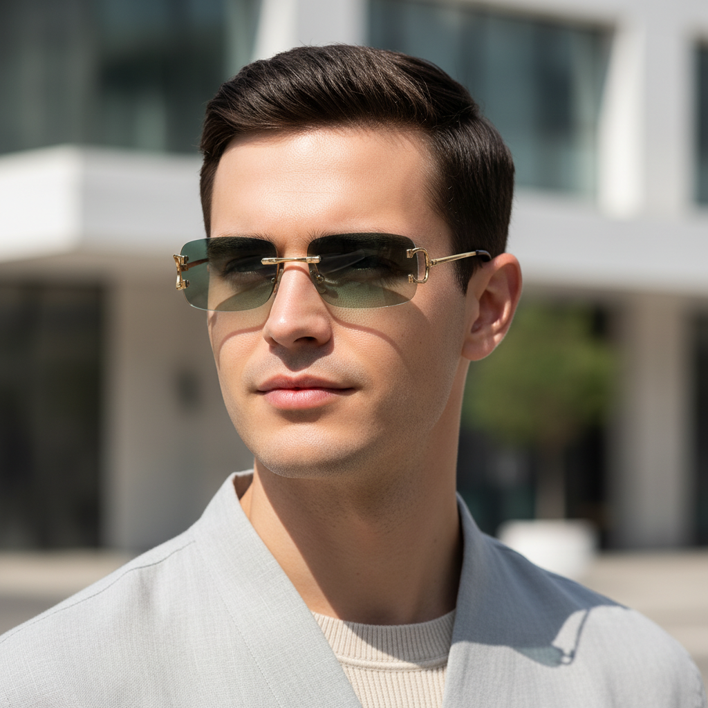 C11CA green rectangular UV400 sunglasses worn by a male model