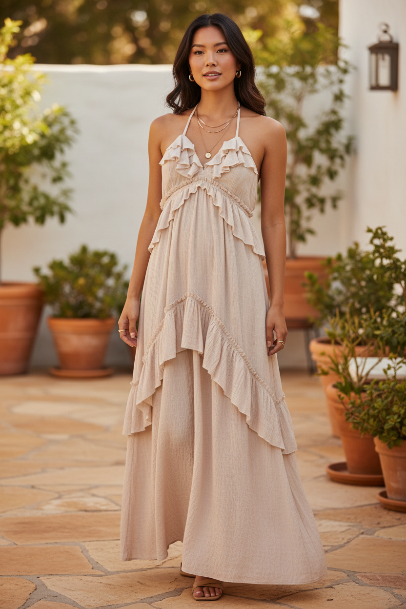 Beige ruffled halter-neck maxi dress worn by a model