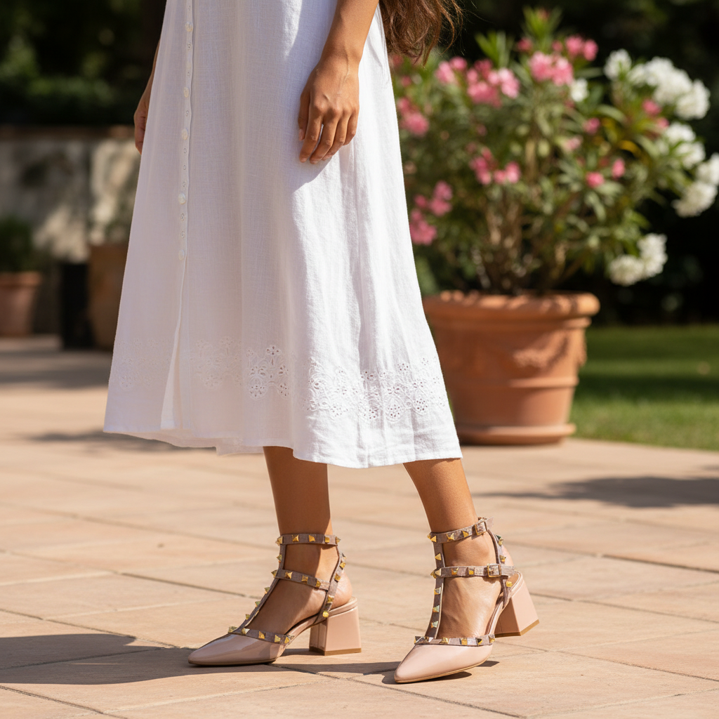 Apricot rivet strap heeled sandals worn by a South Asian female model