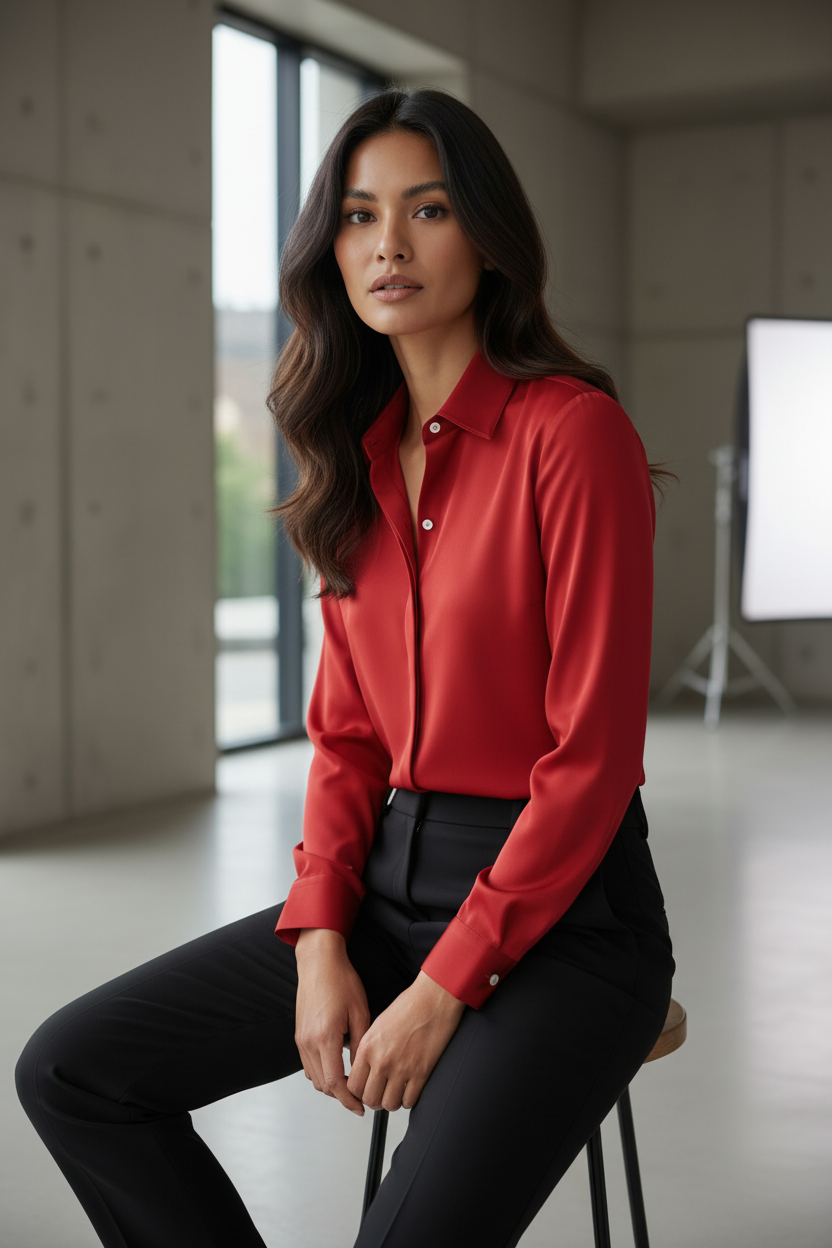 Red long-sleeve collared button-down shirt styled with black trousers in a seated pose