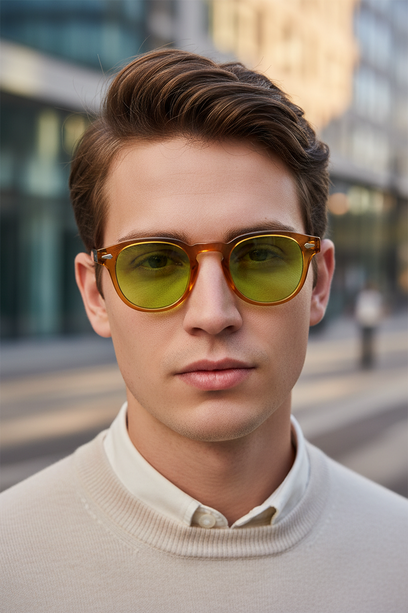 Round UV400 sunglasses with yellow green lenses worn by a white male model