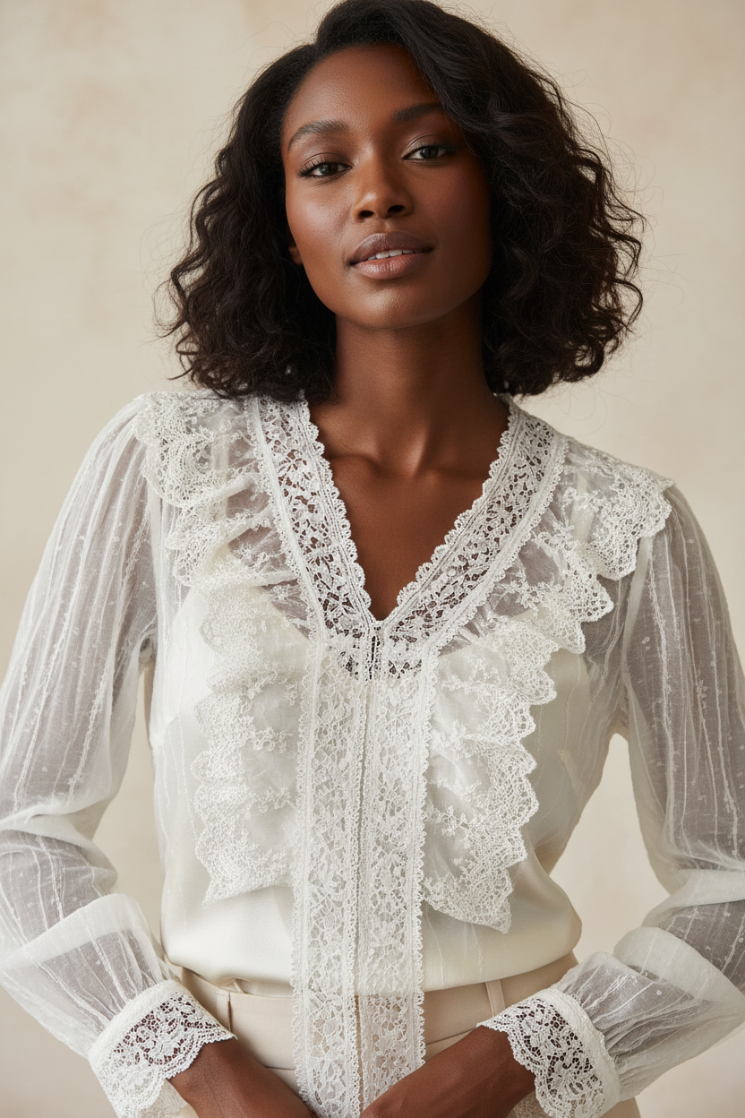 Sheer lace ruffle V-neck blouse shown in a front detail
