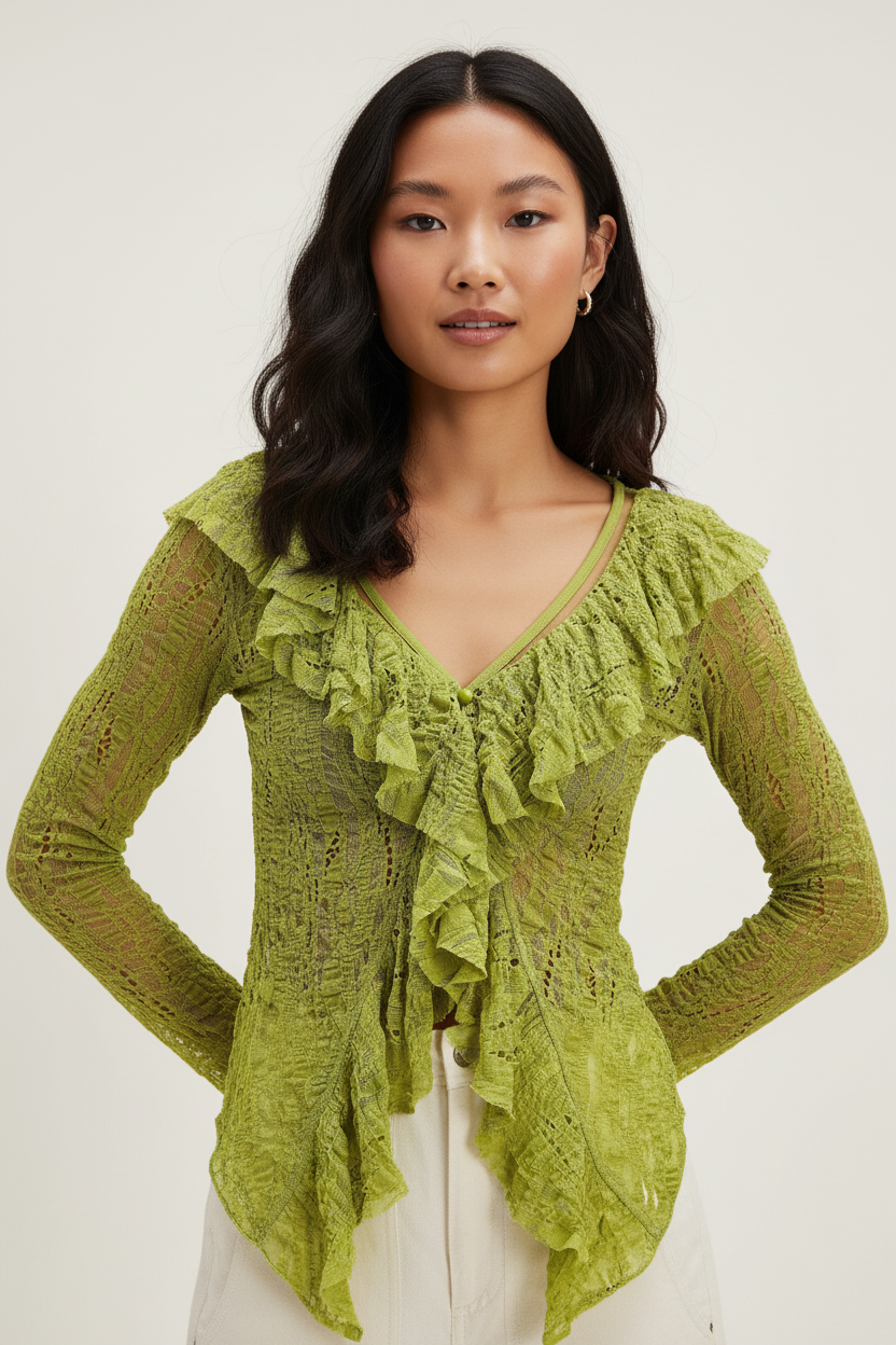 Front view of a model wearing a lime lace blouse with layered ruffles and a V-neckline