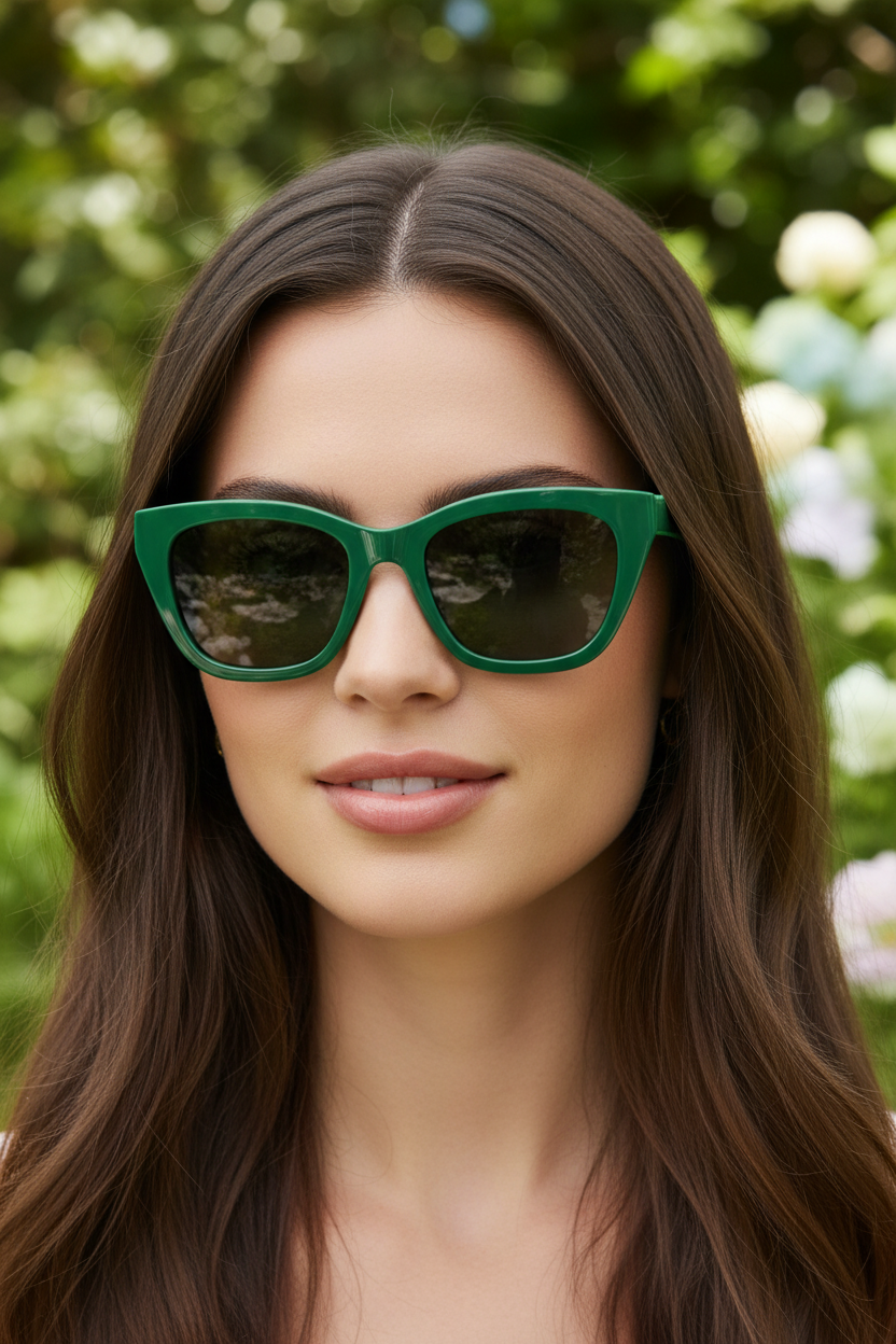 Cat-eye polarized sunglasses with 005 green lenses worn by a white model