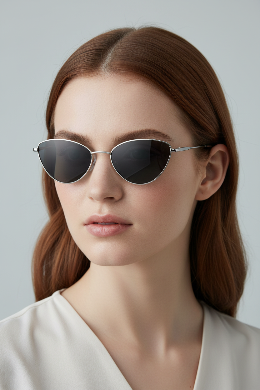 Small silver-gray-lens cat-eye sunglasses worn by a white model