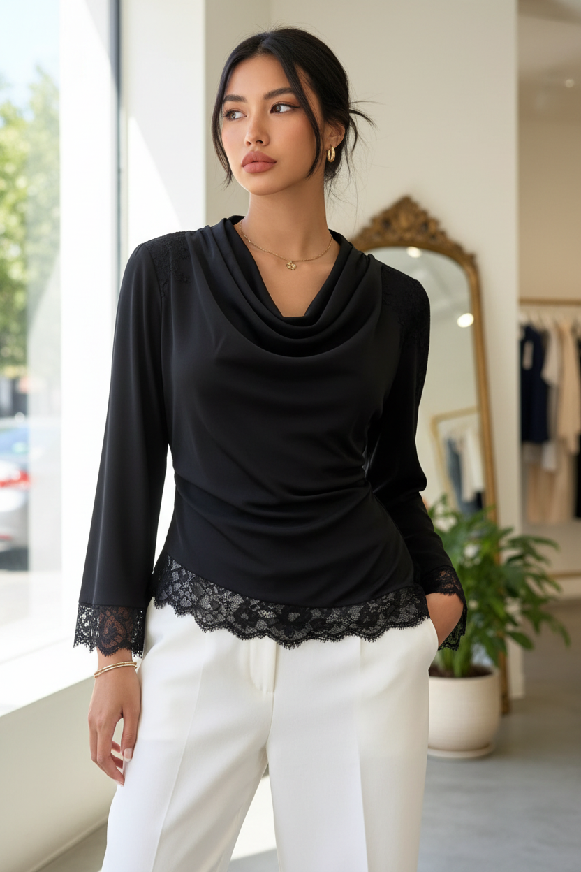 Black lace-trim cowl-neck blouse worn by a model