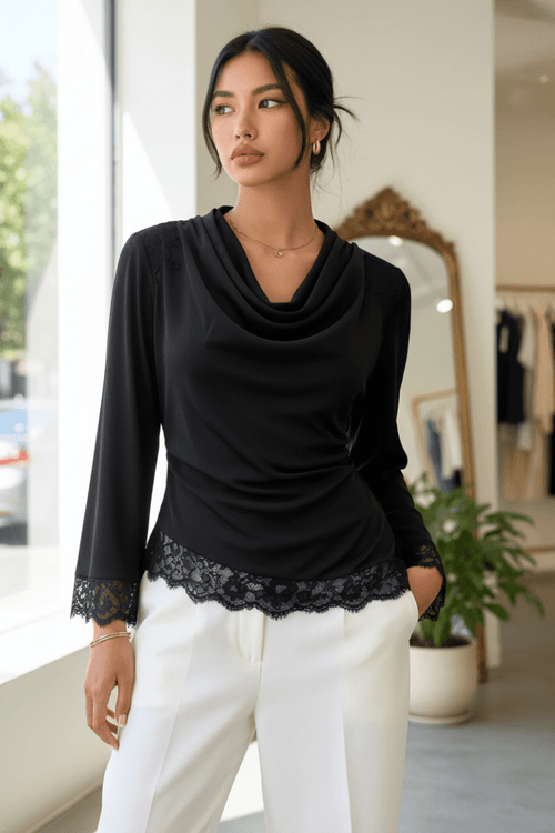 Lace-Trim Cowl-Neck Blouse - The PM Edit