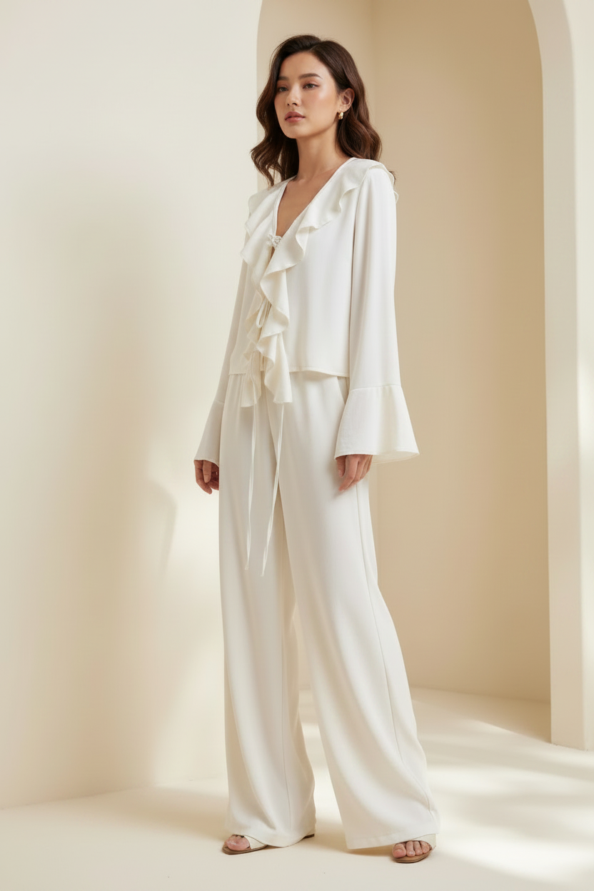 Front view of a model wearing a white tie-front ruffle top and matching pants