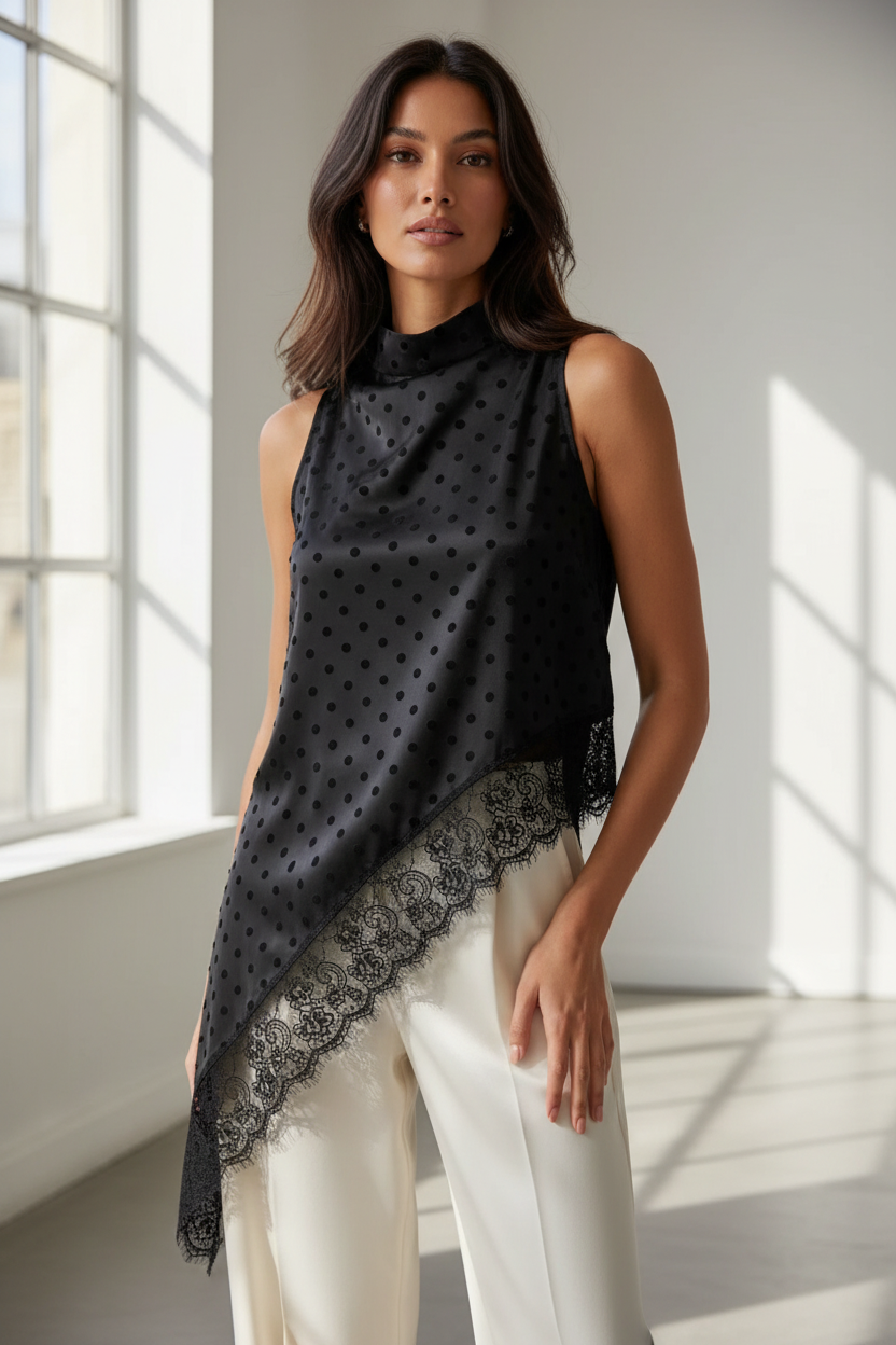 Model wearing the black polka-dot lace-trim asymmetrical-hem sleeveless blouse