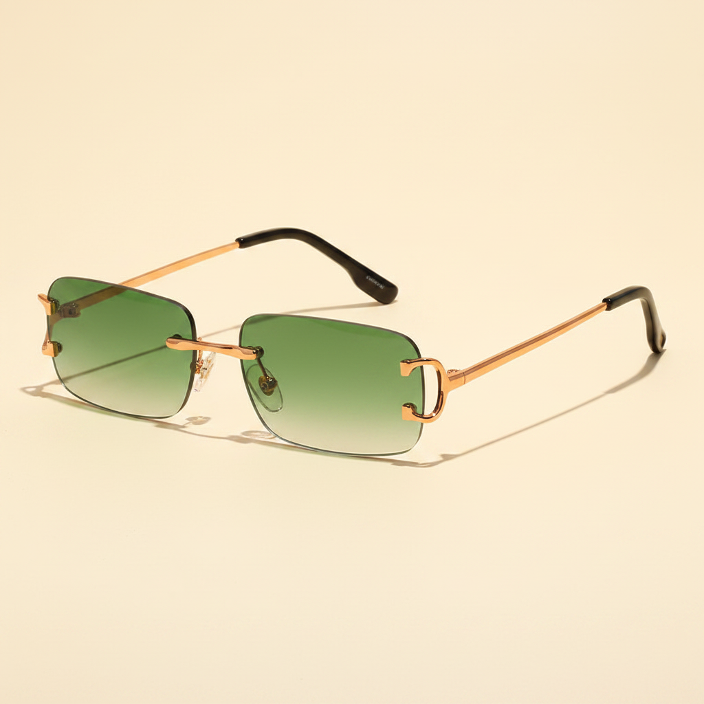 Rimless rectangular UV400 sunglasses with green gradient lenses and copper frame, product-only studio image