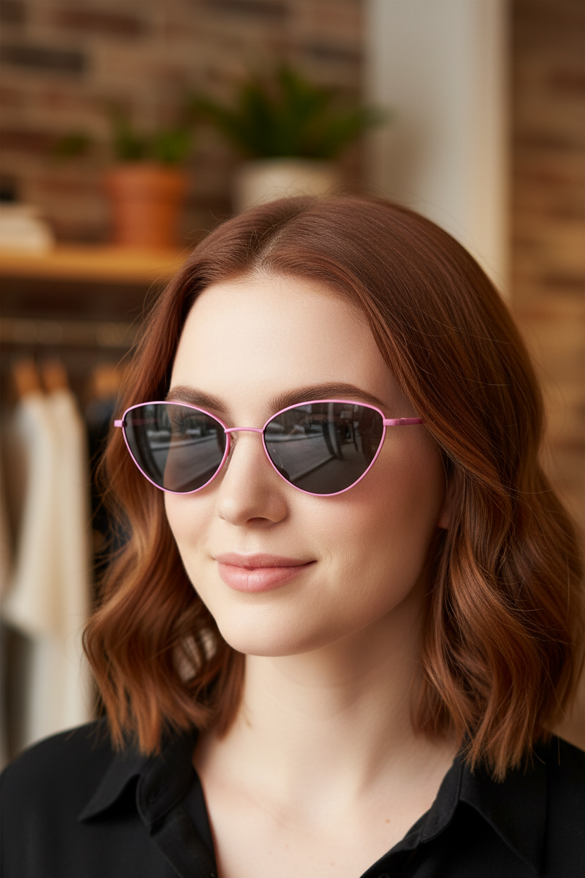 Small pink-gray-lens cat-eye sunglasses worn by a white model
