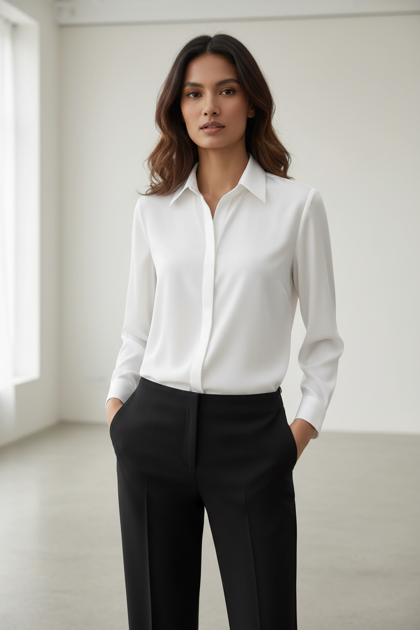 White long-sleeve collared button-down shirt styled with black trousers
