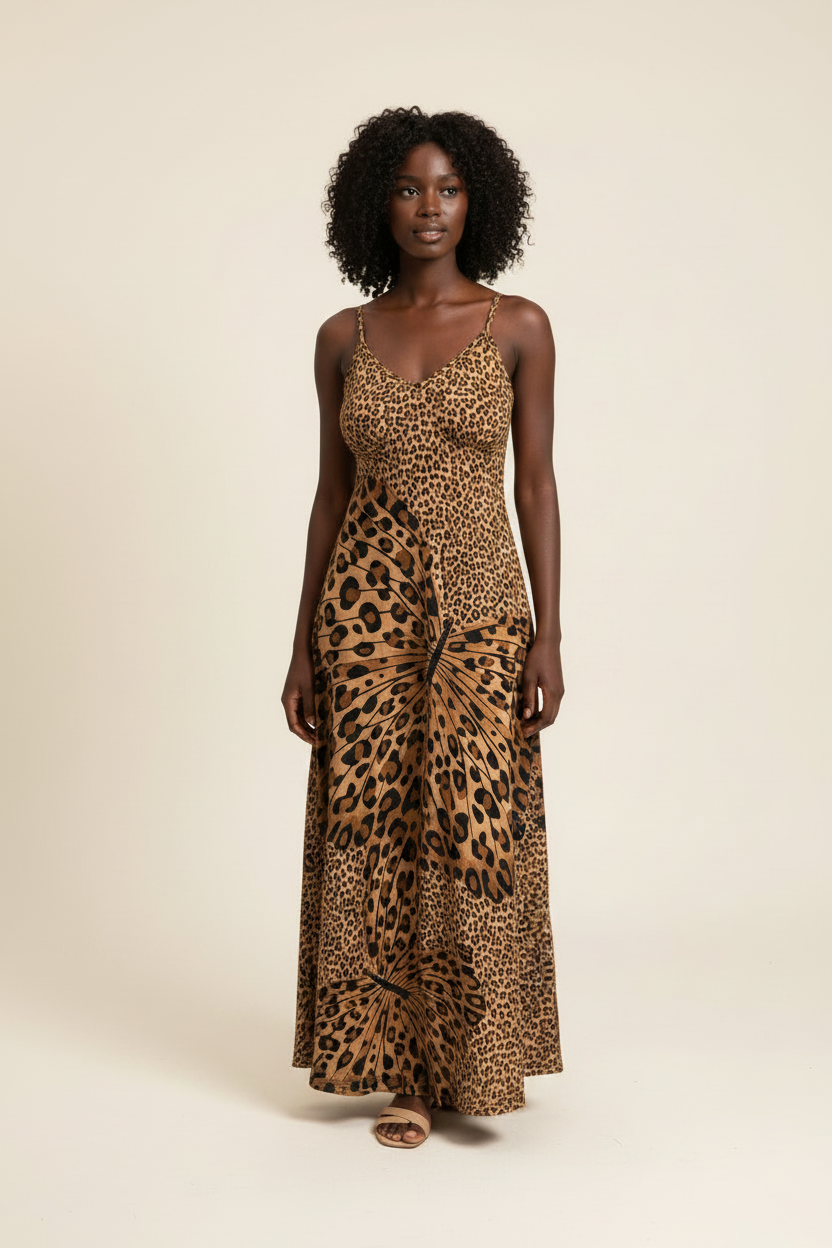 Front view of a model wearing a leopard-print maxi cami dress with a butterfly motif