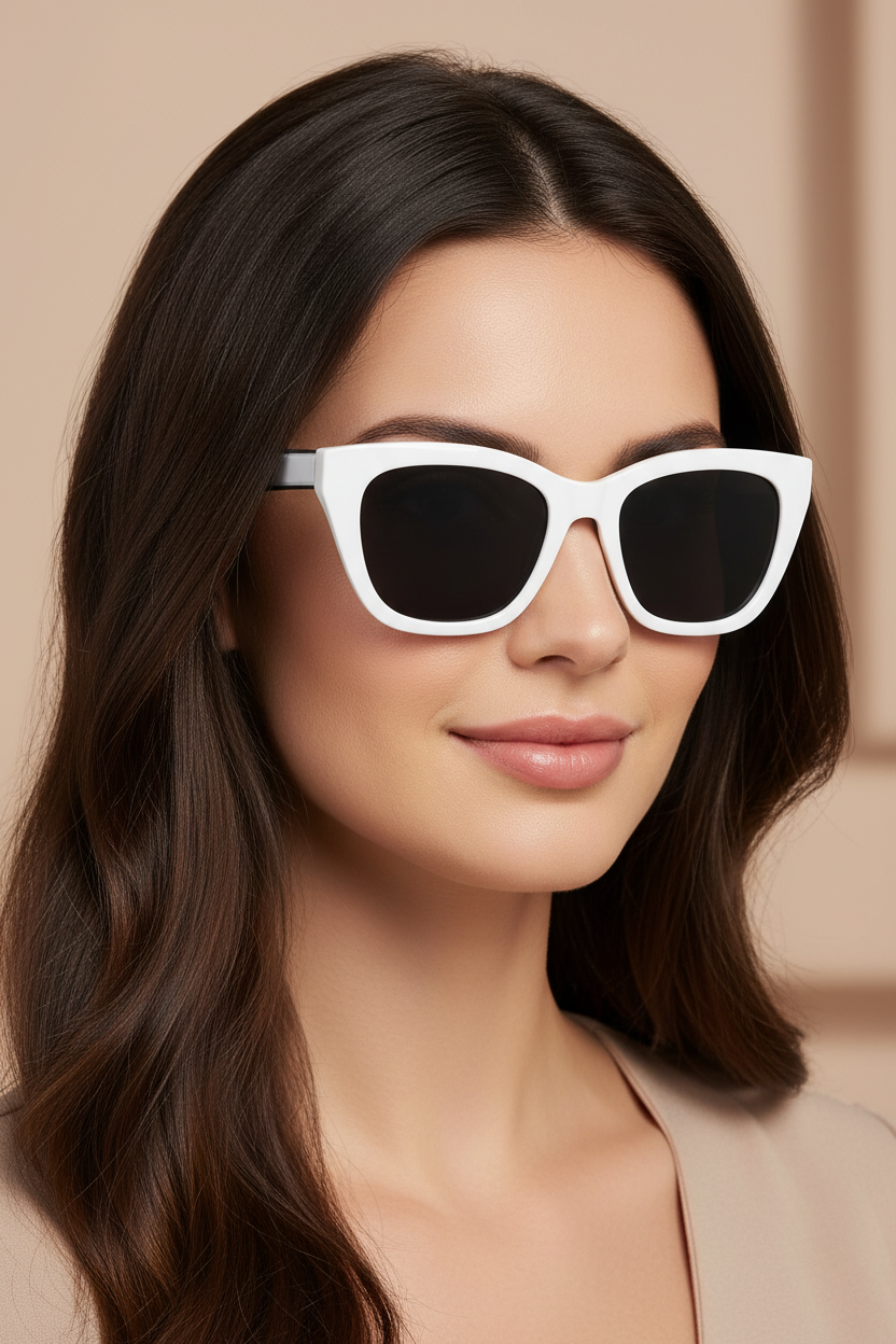 Cat-eye polarized sunglasses with 003 grey lenses worn by a white model