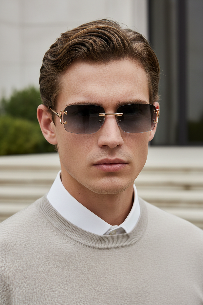 Rimless rectangular UV400 sunglasses with gray gradient lenses and copper frame worn by a model