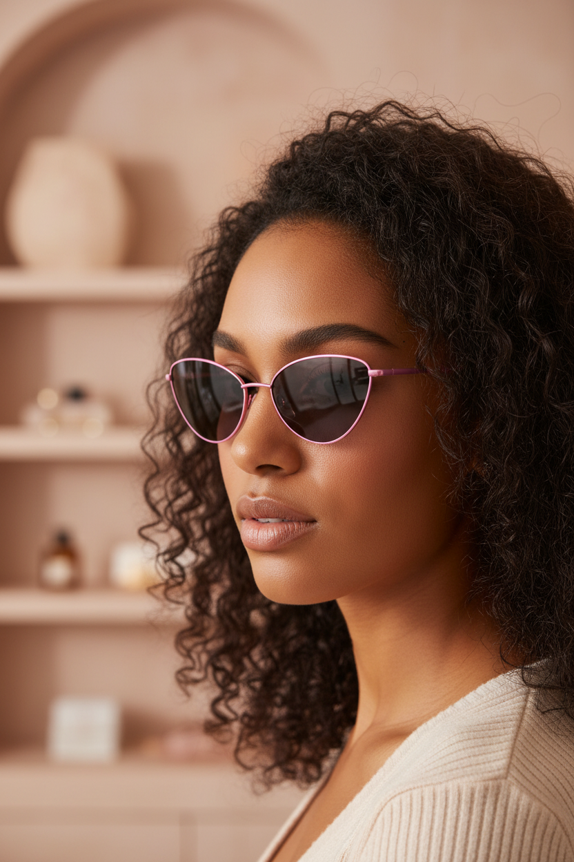 Small pink-gray-lens cat-eye sunglasses worn by a model