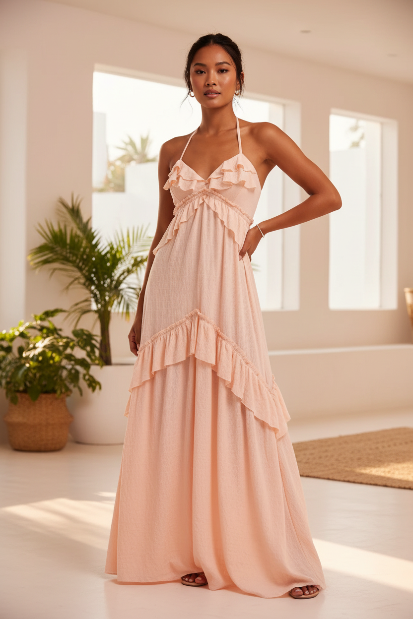 Apricot ruffled halter-neck maxi dress worn by a model