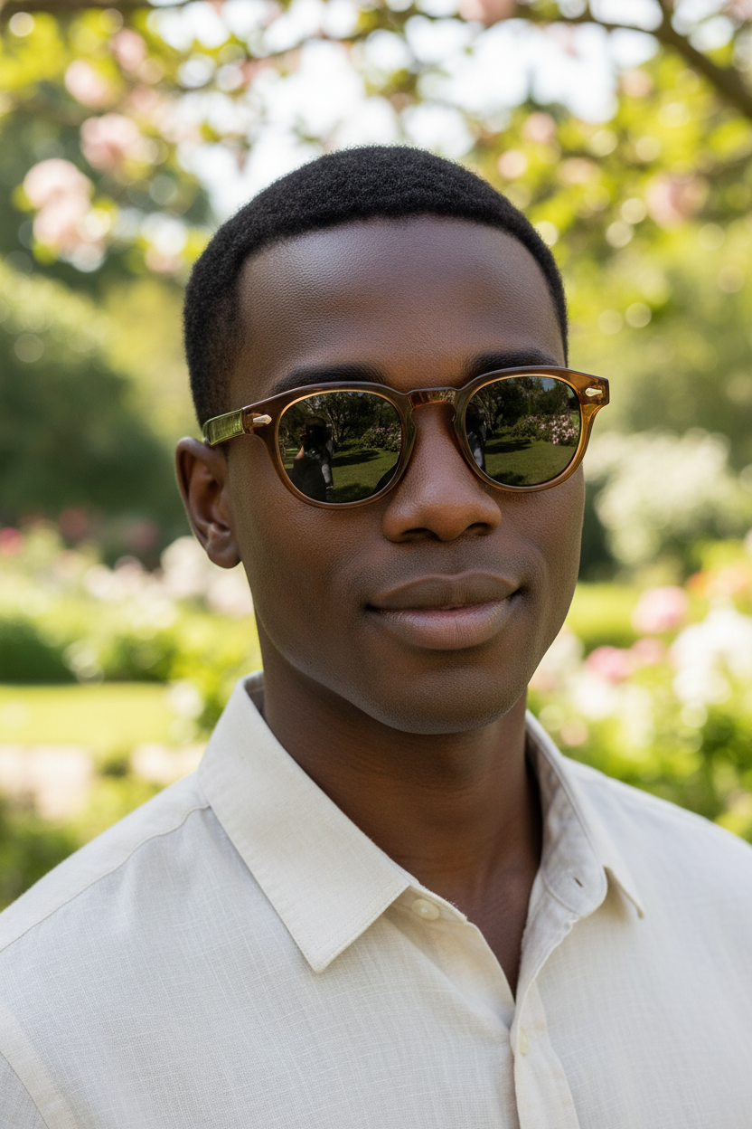 Green retro round UV400 sunglasses worn by a male model