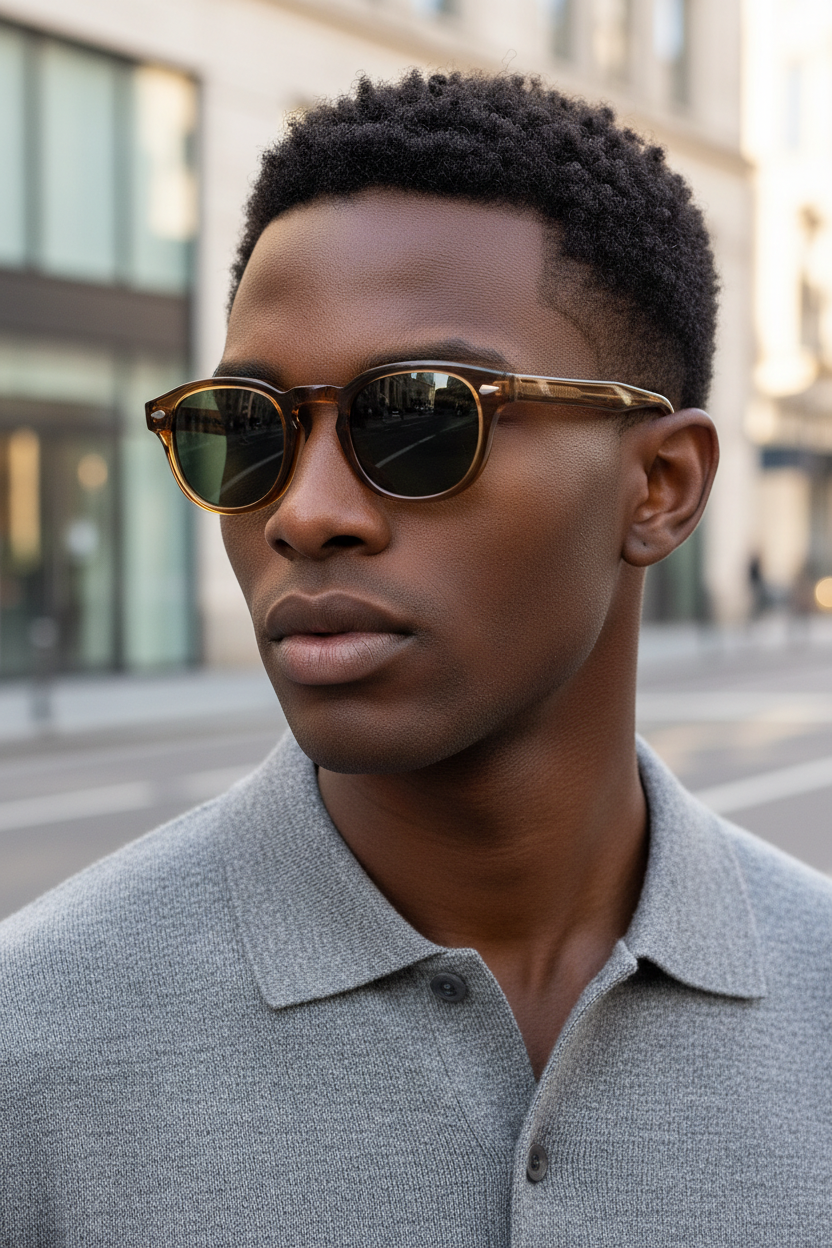 Round UV400 sunglasses with brown green lenses worn by a model in a lifestyle image
