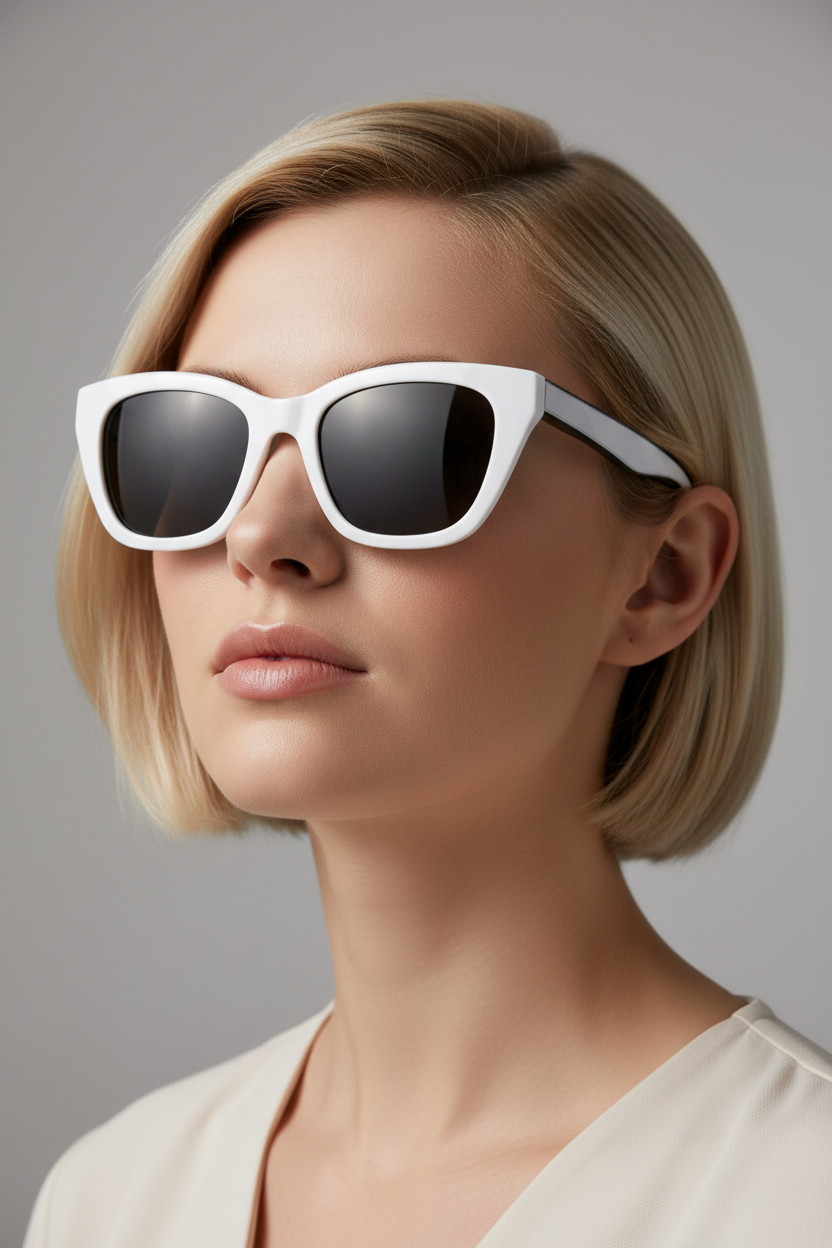 Square polarized sunglasses with 003 grey lenses worn by a white model