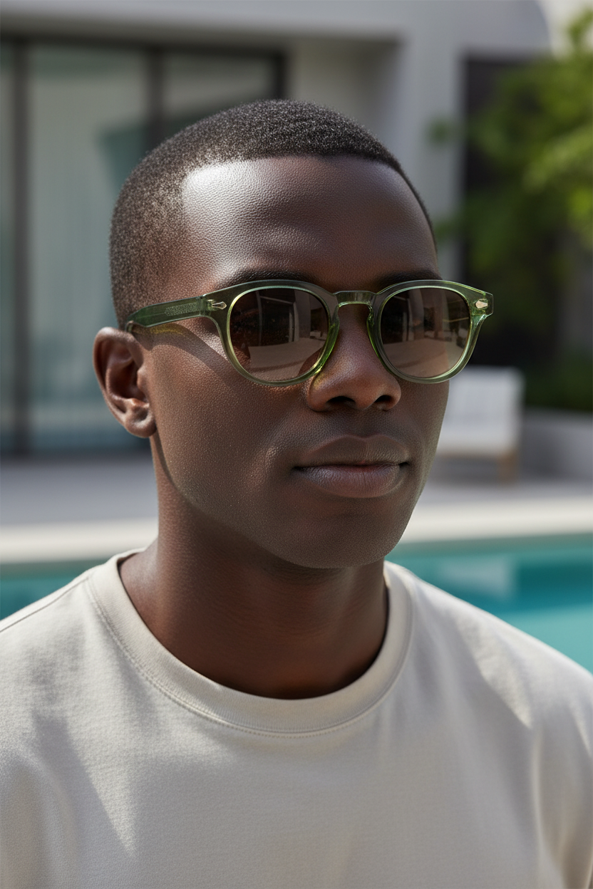 Green Brown retro round UV400 sunglasses worn by a male model