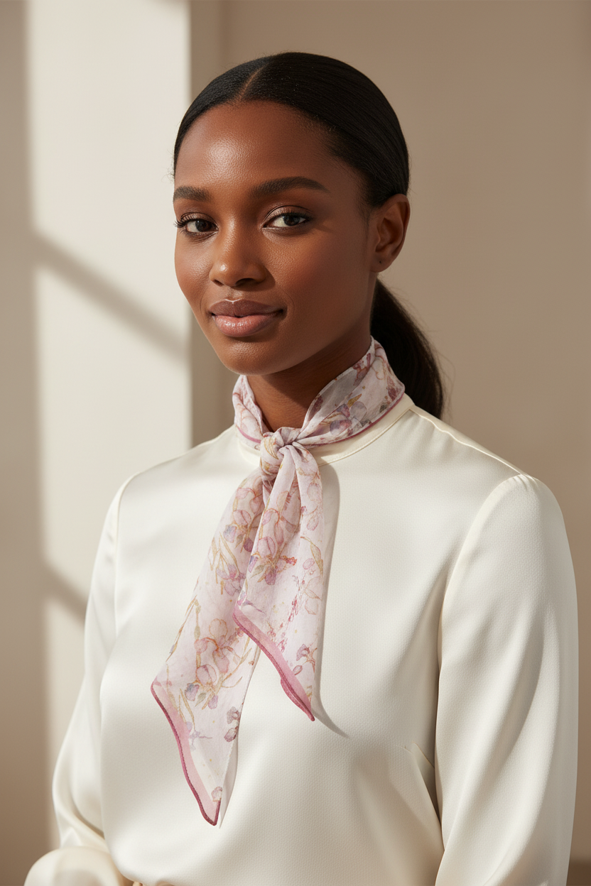 Pink floral chiffon silk-feel scarf styled as a neck tie