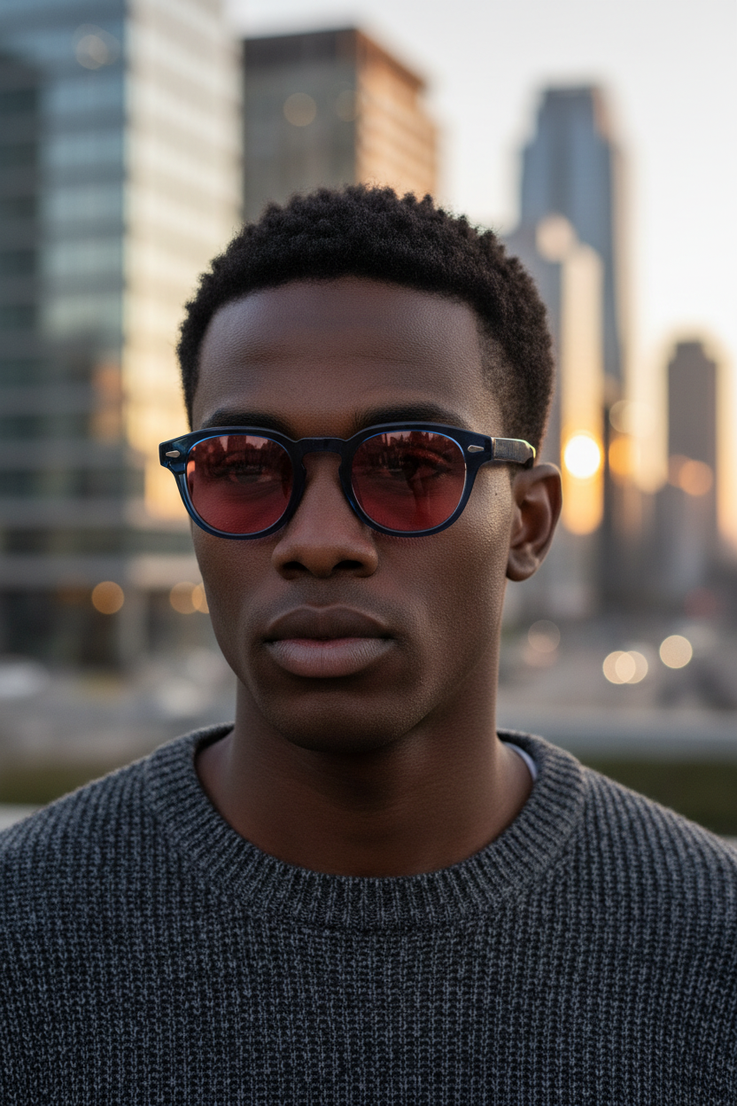 Round UV400 sunglasses with red lenses worn by a model in a lifestyle image
