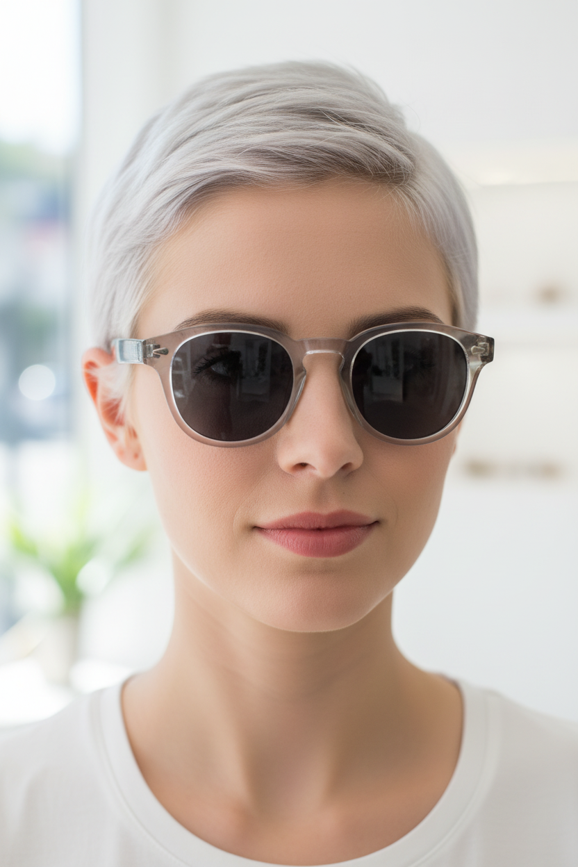 White Gray retro round UV400 sunglasses worn by a white model