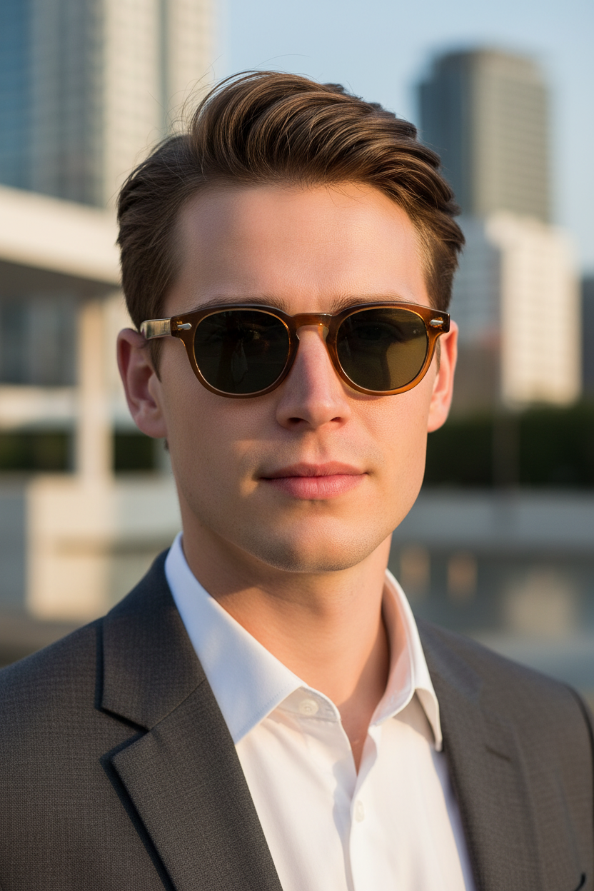Round UV400 sunglasses with brown green lenses worn by a white male model