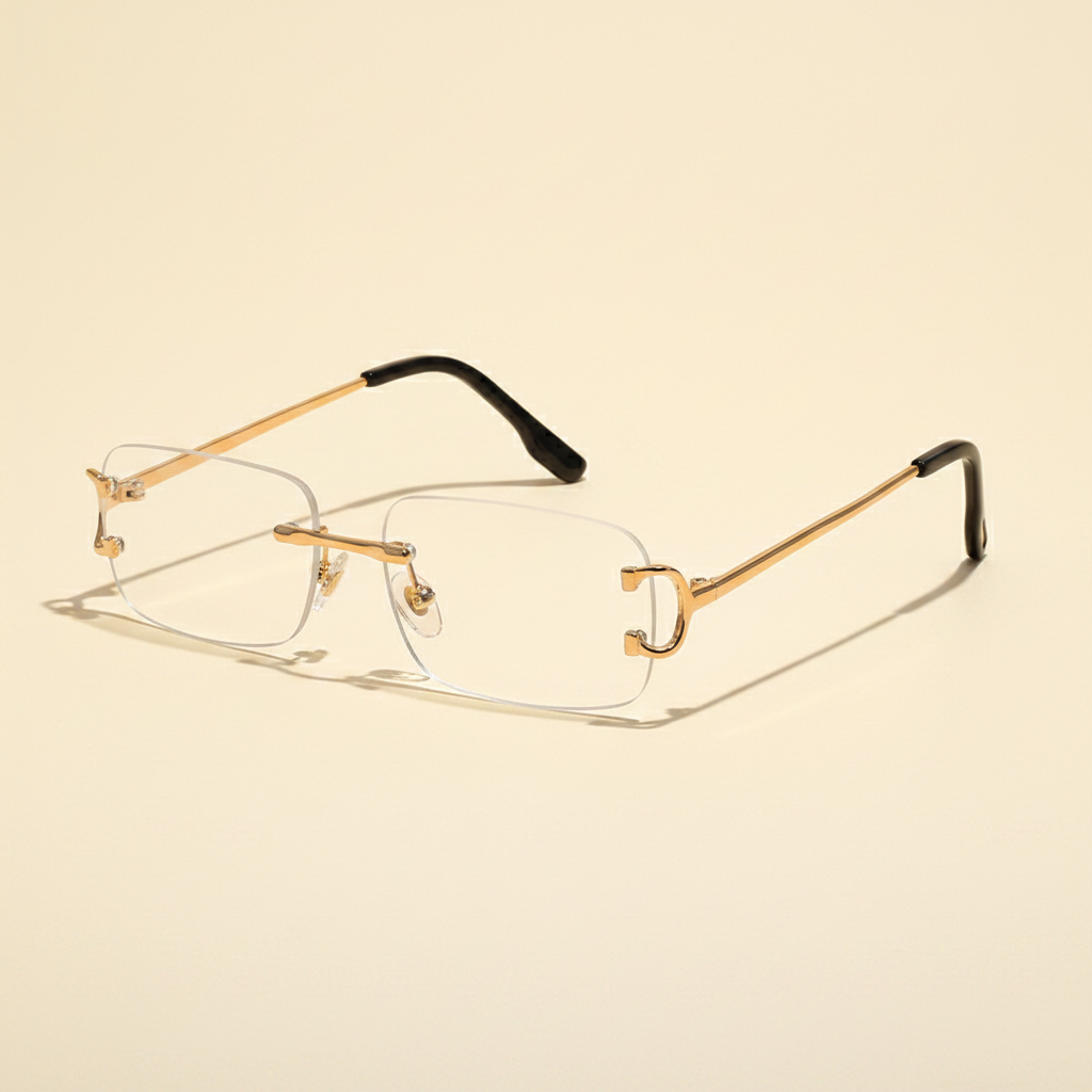 Rimless rectangular UV400 sunglasses with transparent lenses and copper frame, product-only studio image