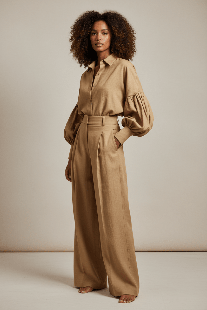 Lantern Sleeve Shirt & Wide-Leg Pants Set - The PM Edit