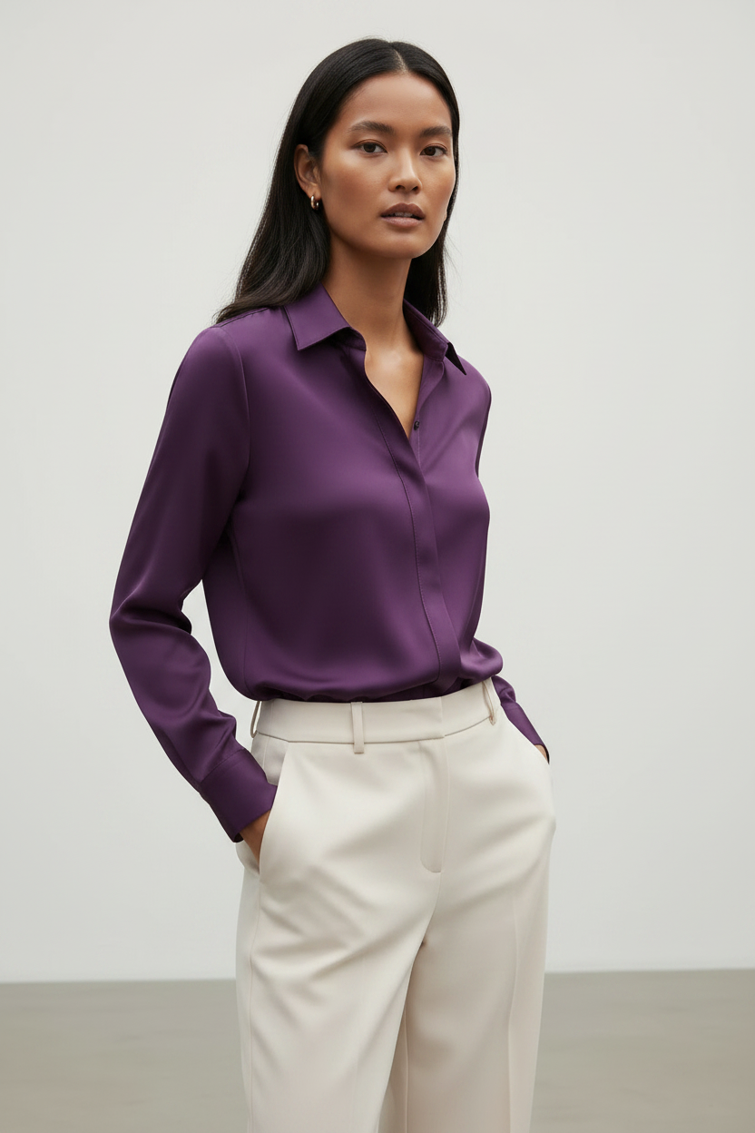Purple long-sleeve collared button-down shirt shown from a side angle