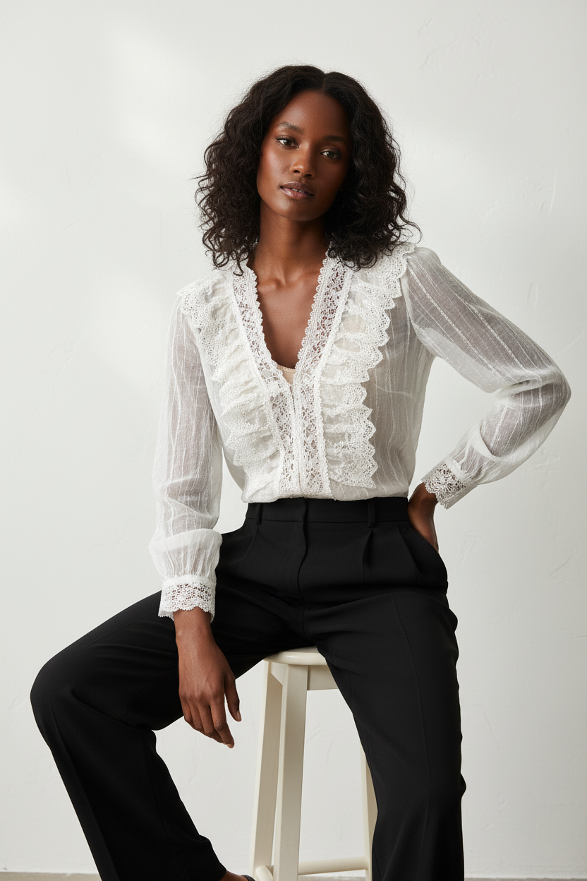 Sheer lace ruffle V-neck blouse styled with tailored trousers