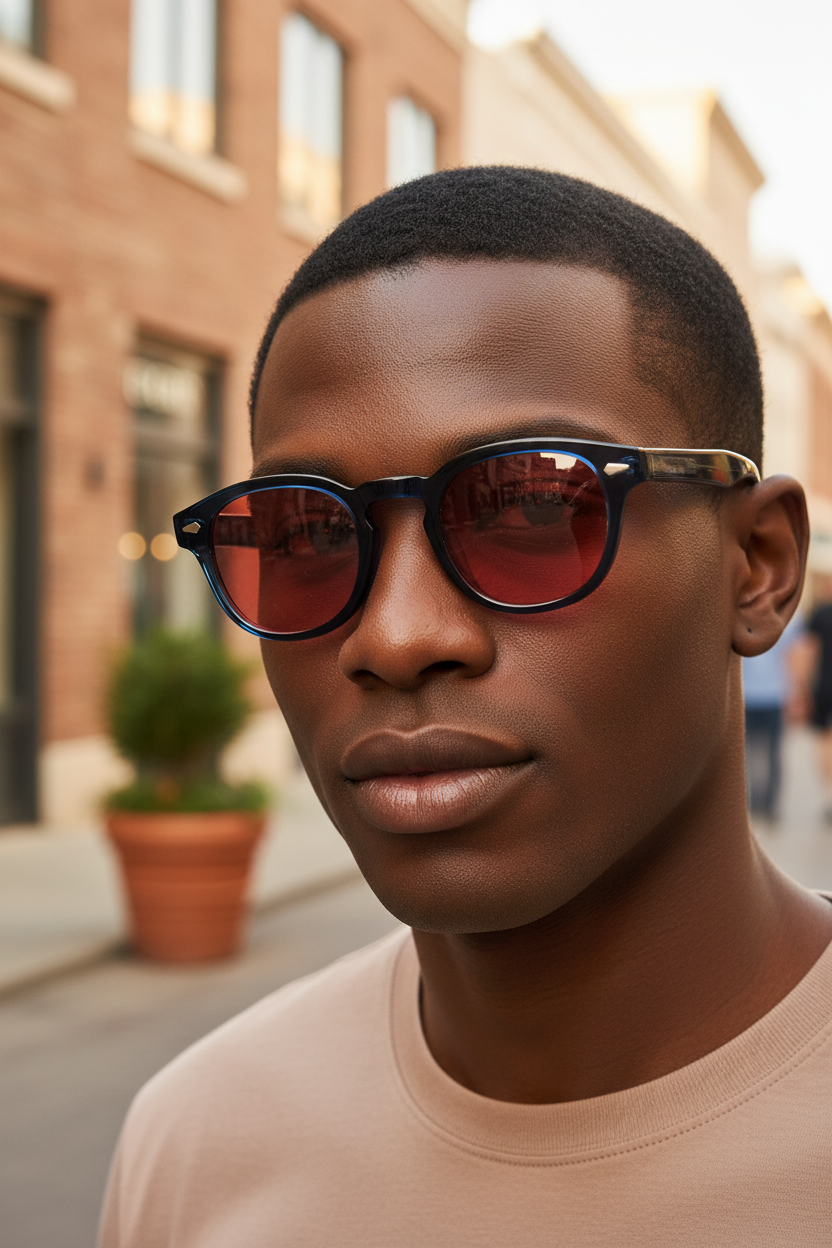 Red retro round UV400 Sunglasses worn by a male model