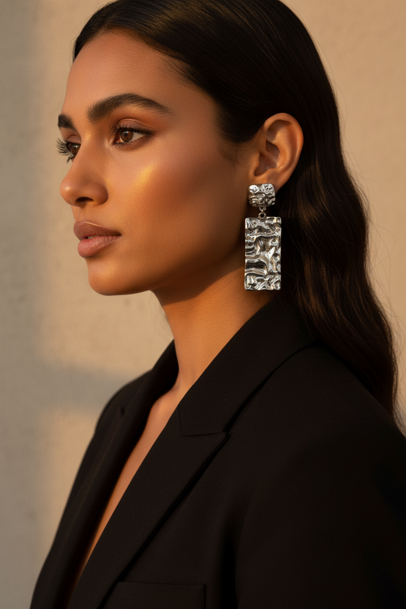 Silver stainless steel rectangle drop earring worn through a pierced earlobe in side profile