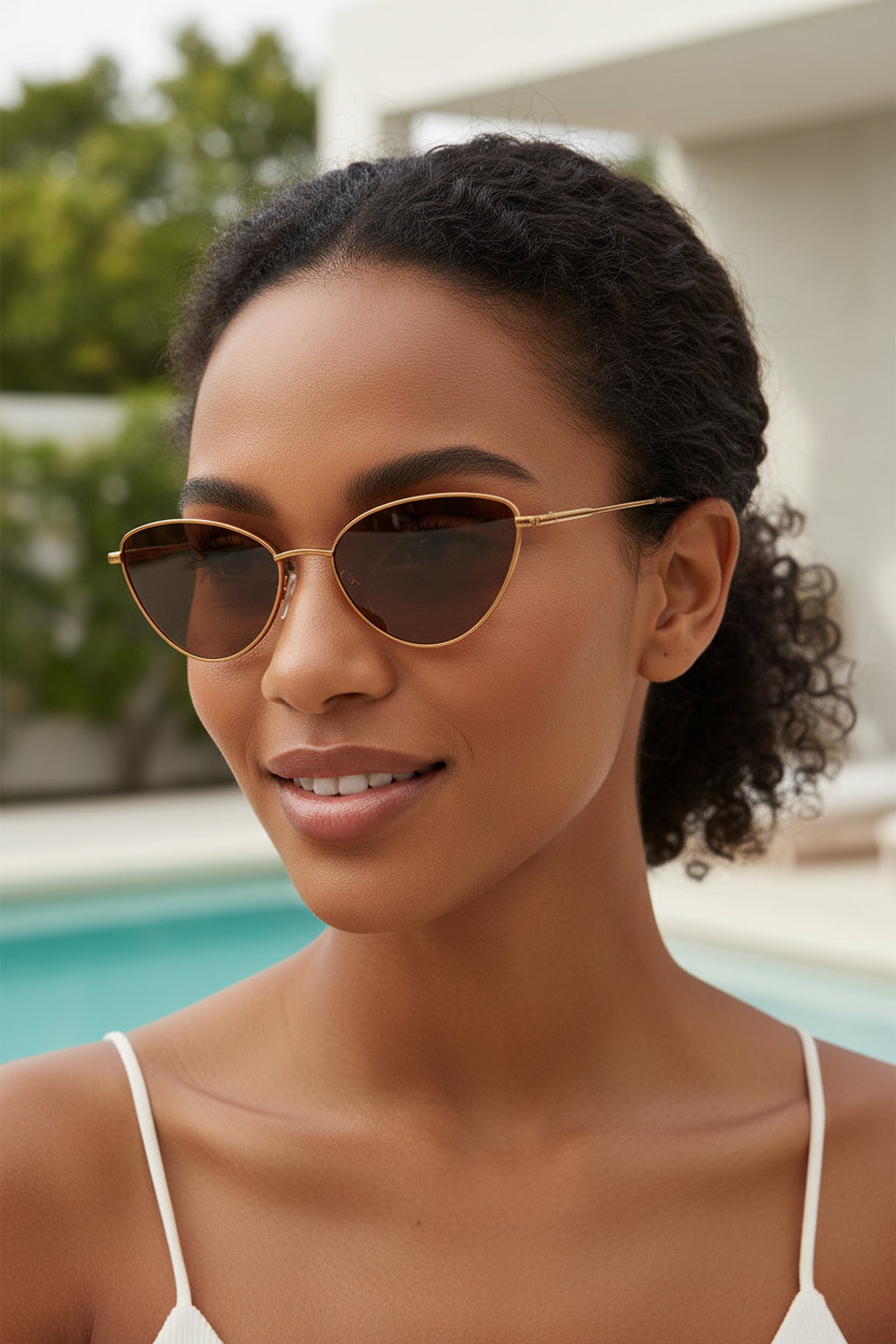 Small brown-lens cat-eye sunglasses worn by a model