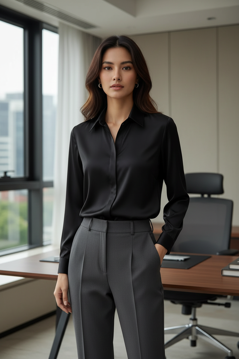 Black long-sleeve collared button-down shirt styled with charcoal trousers
