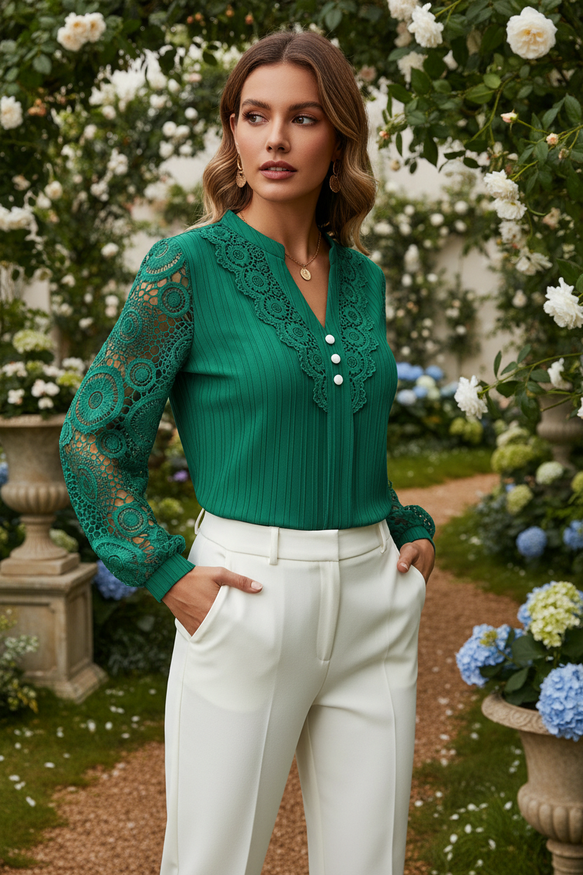 Green lace long-sleeve notched blouse worn by a model