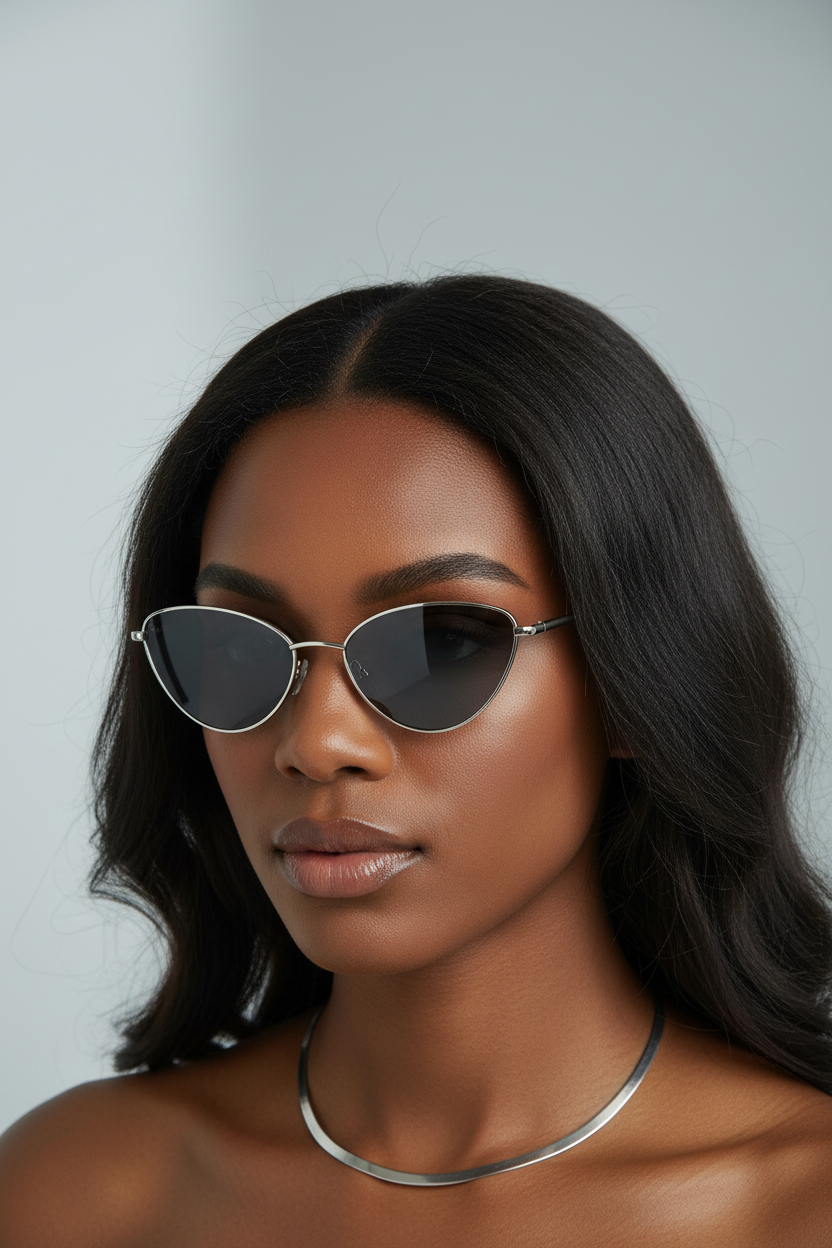 Small silver-gray-lens cat-eye sunglasses worn by a model