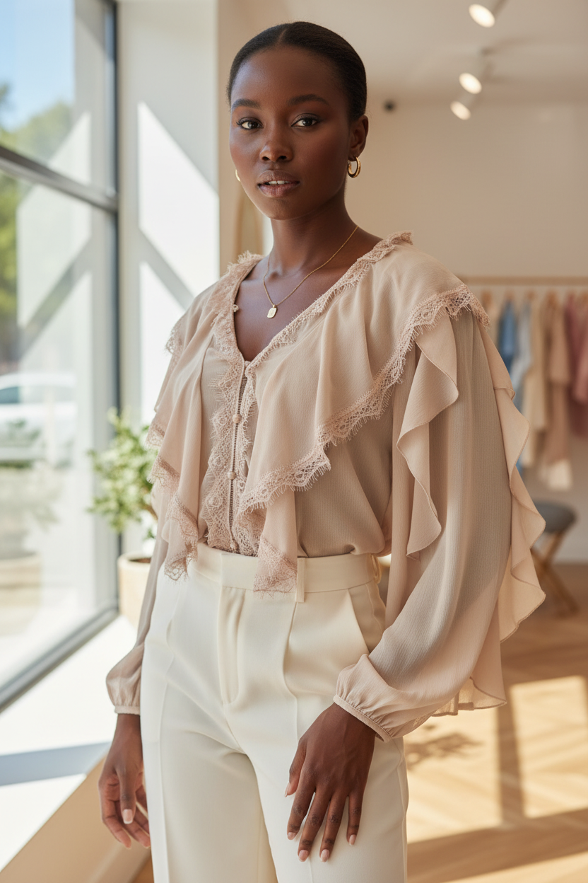 Khaki V-neck ruffled lace-trim blouse worn by a model