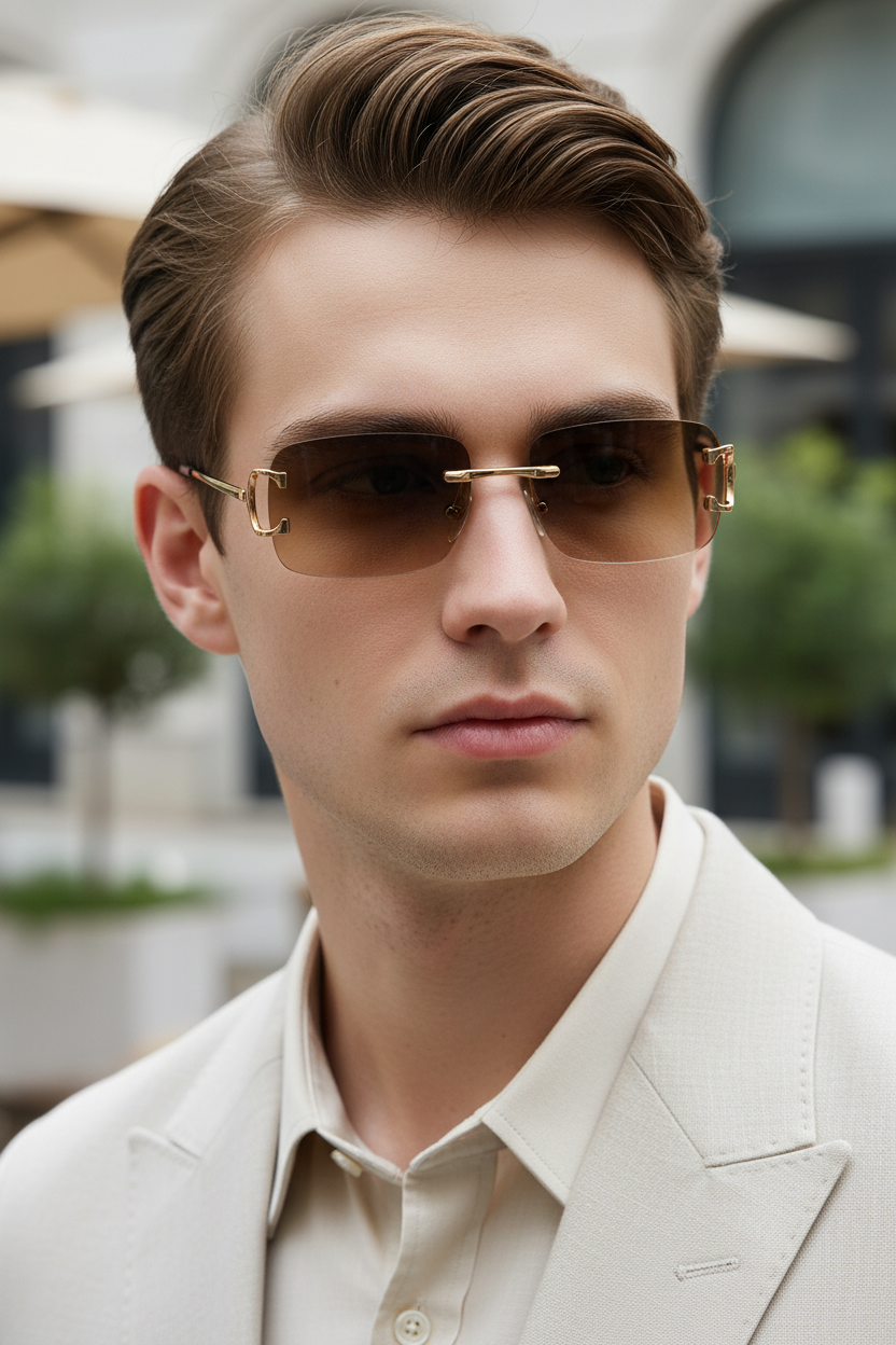 Rimless rectangular UV400 sunglasses with brown gradient lenses and copper frame worn by a model