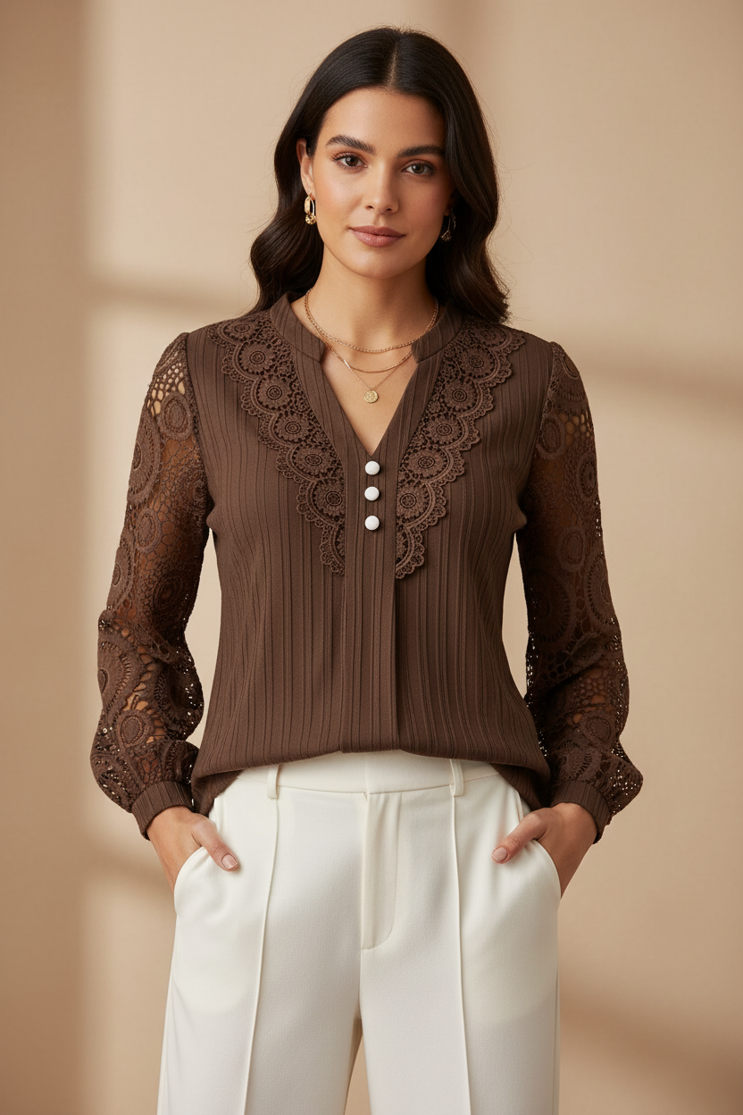 Coffee Brown lace long-sleeve notched blouse worn by a model