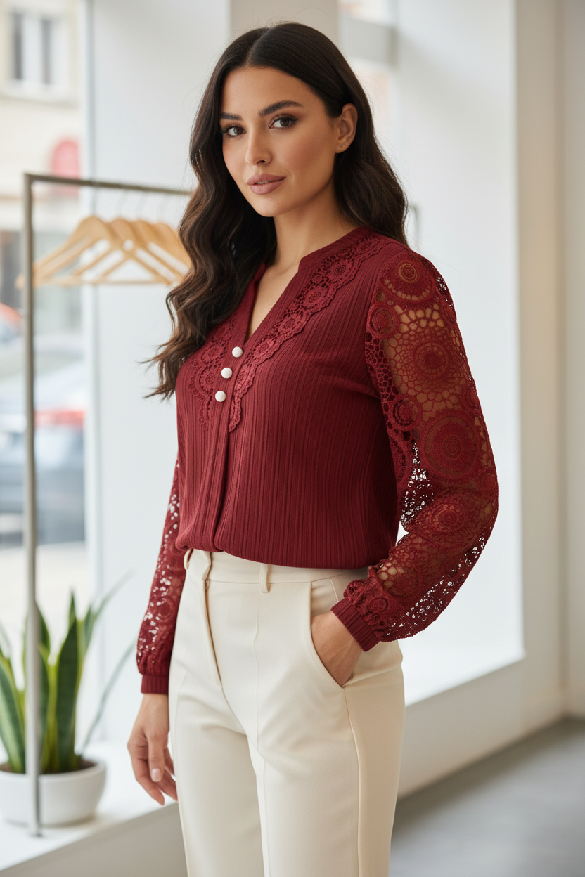 Burgundy lace long-sleeve notched blouse worn by a model